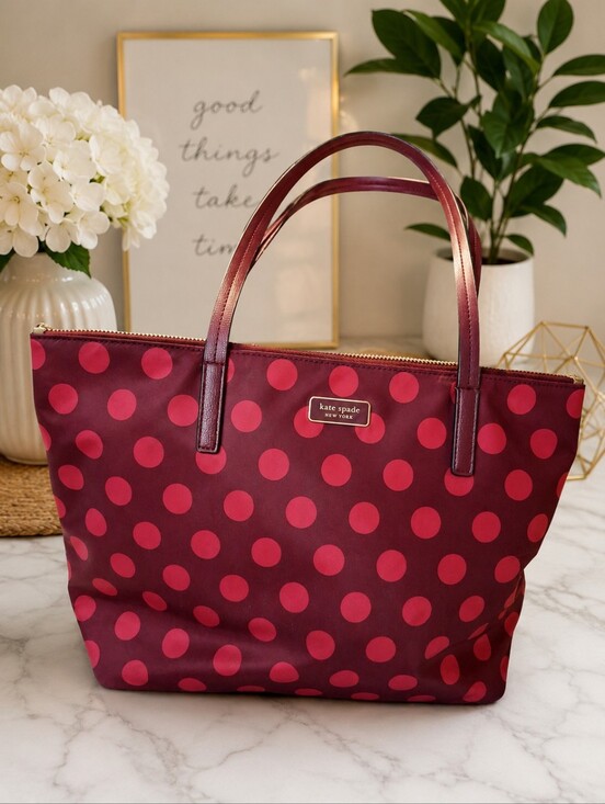 kate spade Handbags - Kate Spade New York Burgundy Pink Polka Dot Tote Bag Purse - Used